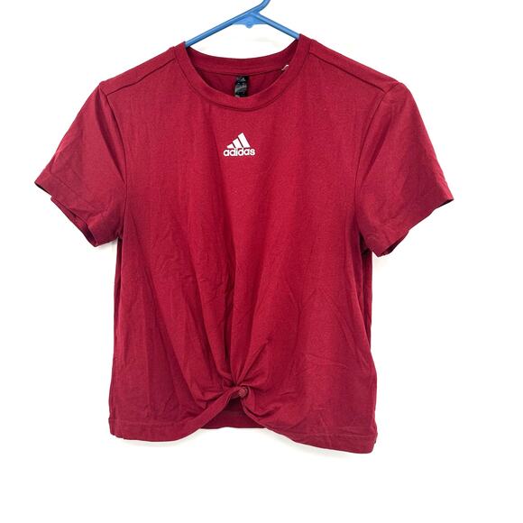 Adidas Size XS Short Sleeve Athletic Top Red Adidas Logo White Tie Knot Front - Picture 1 of 4